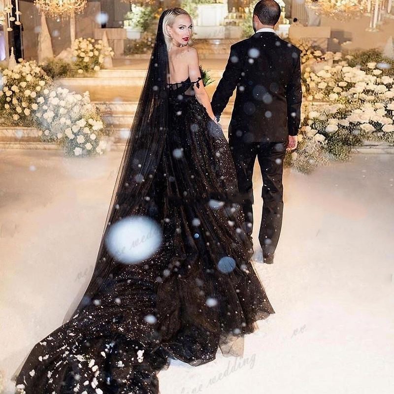 Black Elegant Gothic Sequined Plus Size A Line Wedding Illusion Off Shoulder Lace Appliques Formal Dress Bridal Gowns Cystom Made Robe De Mariee ppliq