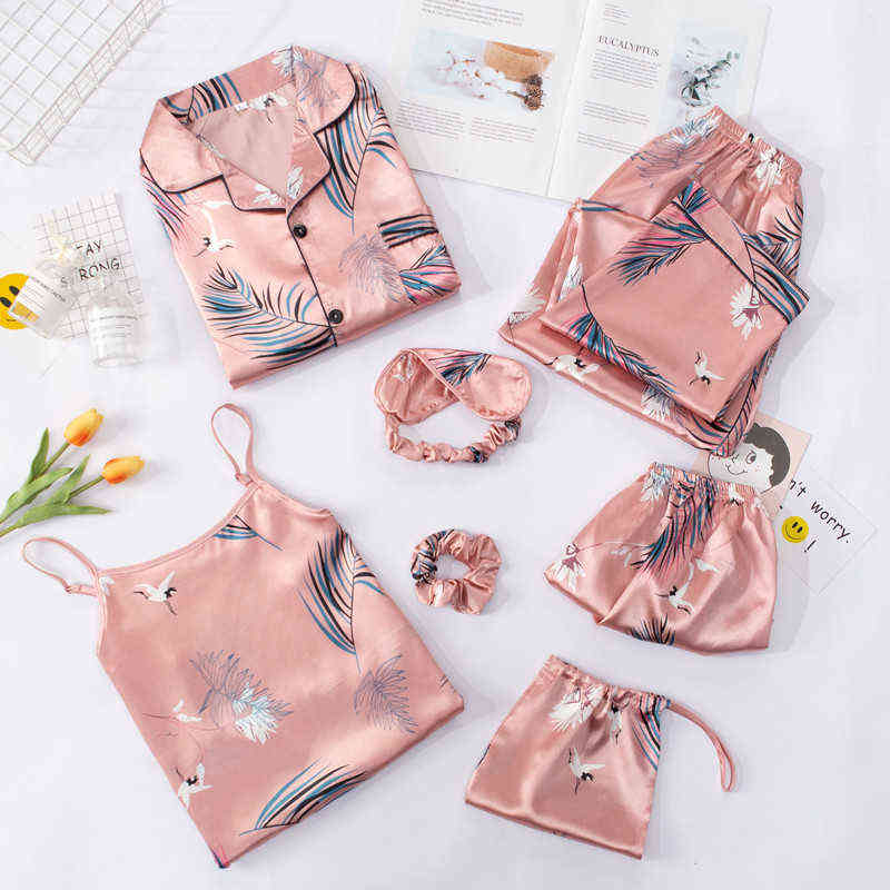 JULY'S SONG Pink 7 Pieces Women's Pajamas Sets Faux Silk Striped Pyjama Women's Pajamas Sleepwear Sets Spring Summer Homewear 211109
