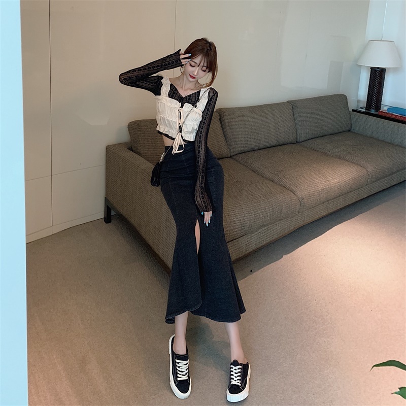 Nomikuma Autumn Winter High Wiast Slim Sexy Mermaid Skirts New One-step Split Ruffle Women Skirt Fashion Mujer Faldas 6C994 210427