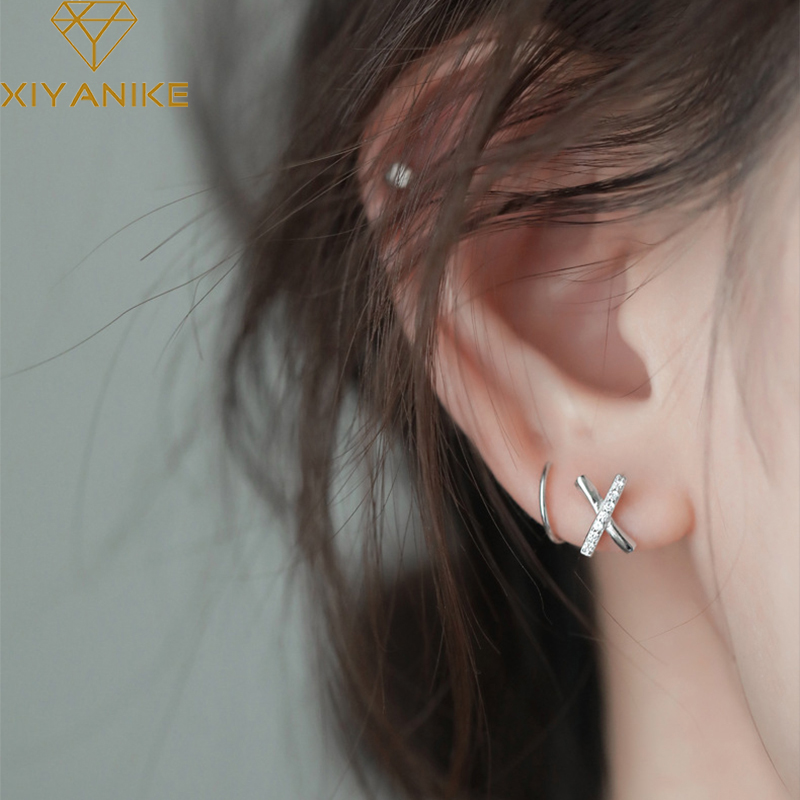 Cross Zircon Rhinestone Stud Earrings 925 Sterling Silver Korean X-shaped Female Simple Fashion Handemade Ear Jewelry Girls