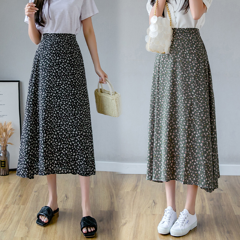 Green Floral Print Skirts Womens Vintage Elastic High Waist Midi Skirt Summer Sweet Ladies Holiday Skirt Saia Faldas B04910B 210306