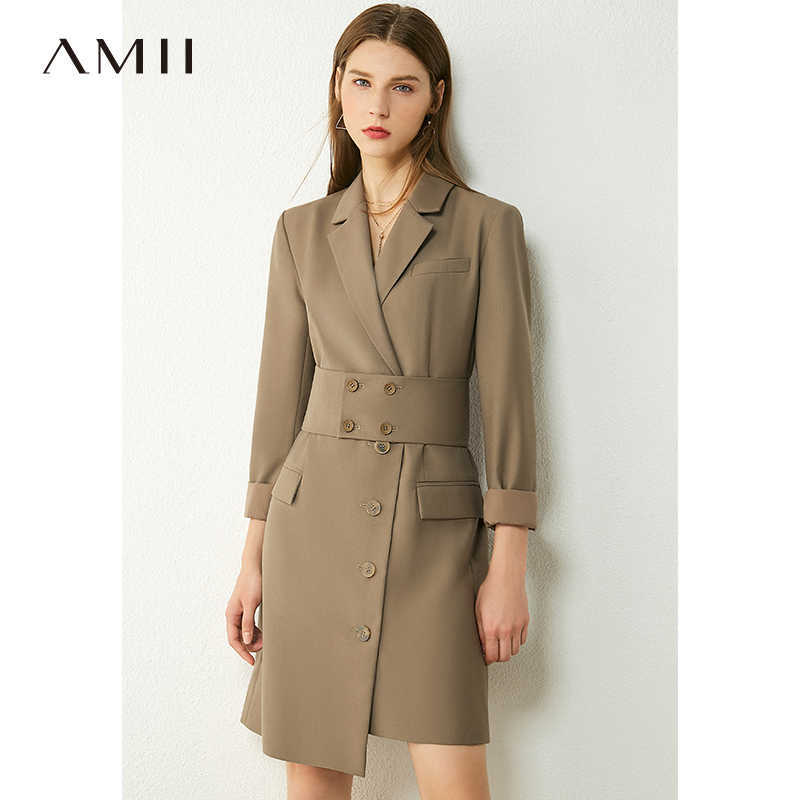 Minimalism Autumn Women's Suit Dress Solid Lapel Belt Knee-length Fashion Double Breasted Coat 12030296 210527
