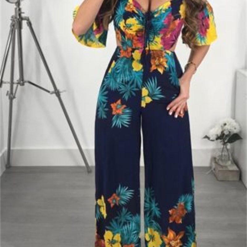 Women Summer Jumpsuit Off Shoulder Backless Bandage Floral One Piece Long Pant Clubwear Party Jumpsuit T200303