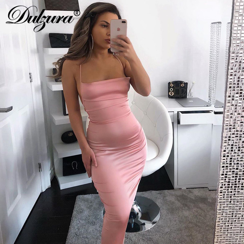 neon satin lace up women long midi dress bodycon backless elegant party sexy club clothes 2021 summer dinner outfit