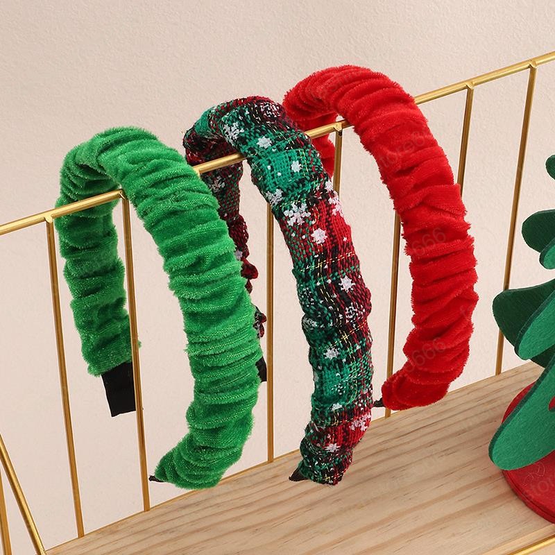 Women Sweet Christmas Headbands Fashion Red Green Velvet Pleated Head Hoop Cloth Lattice Hair Bands Hair Accessories