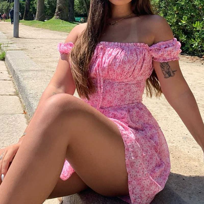 Floral Print Fashion Ruched Sexy Backless Mini Sundress Puff Sleeve Summer Holiday Dresse Clothes 210623