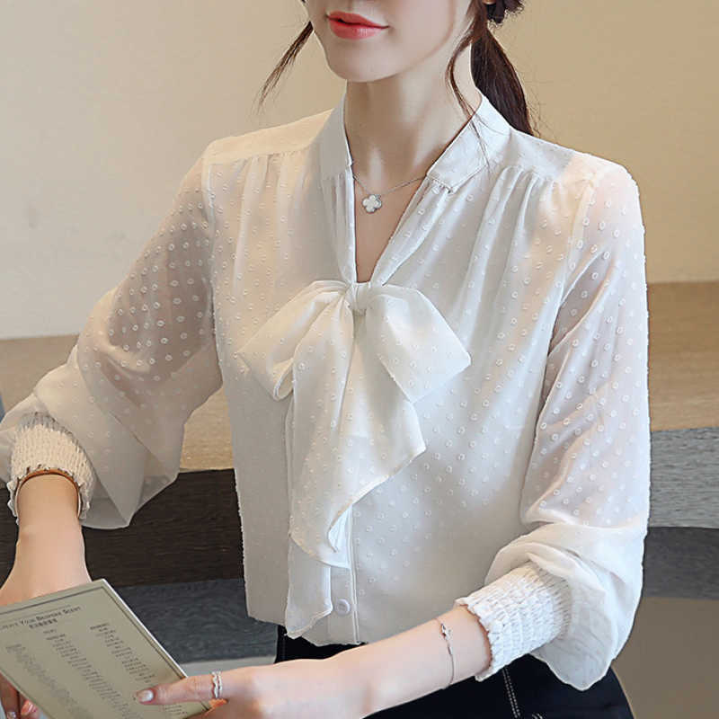 Fashion Womens Clothing Bow V-neck Office Ladies Tops White Blouse Autumn Long Sleeve Dot Chiffon Blouse Women Shirts B746 210602
Fashion Womens Clothing Bow V-neck Office Ladies Tops White Blouse Autumn Long Sleeve Dot Chiffon Blouse Women Shirts B746 210602