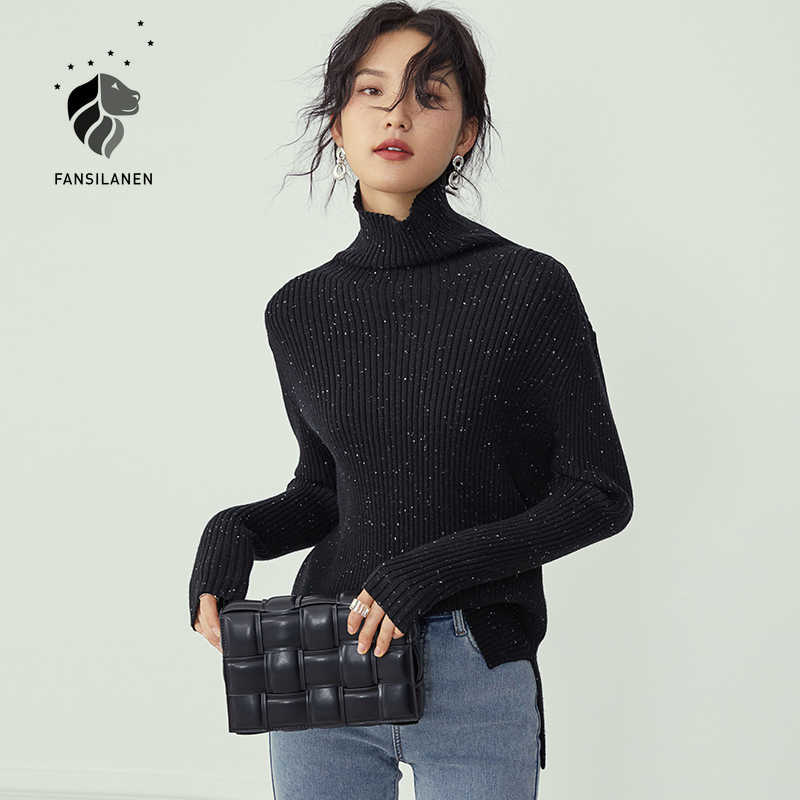 FANSILANEN Polka dot turtleneck black pullover Women long sleeve oversized vintage knitted sweater Female split casual jumper 210607
FANSILANEN Polka dot turtleneck black pullover Women long sleeve oversized vintage knitted sweater Female split casual jumper 210607
