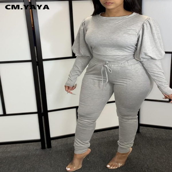 CM.YAYA Sport Sweatsuit Women's Set Lantern Long Sleeve Sweatshirt Jogger Pant Set Active Tracksuit Two Piece Fitness Outfit Y0625
