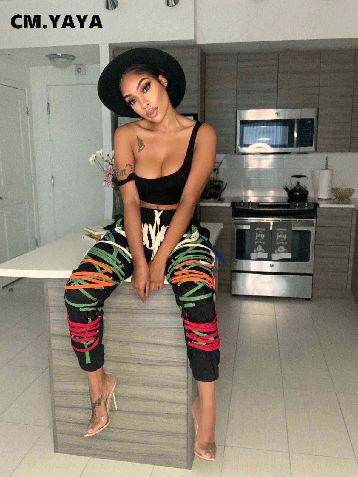 CM.YAYA Streetwear Women Lace Up Strings Pants High Waist Hip Hop Trousers Activewear Sports Jogger Sweatpants 211115