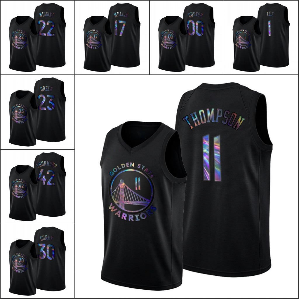 

Men Golden State''Warriors''Stephen Curry Andrew Wiggins Klay''Thompson Damion Lee Custom Iridescent Black HWC''Limited Jersey