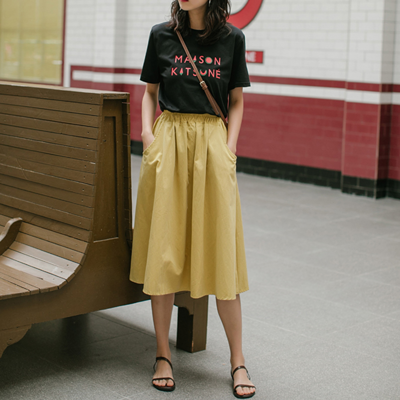 100% Cotton A-E Midi With Pockets: Summer Fashion Casual High Waist Black White Skirt For Women