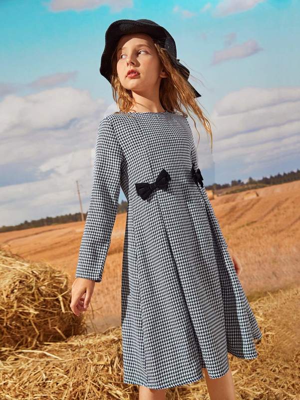 Girls Bow Detail Fold Pleated Houndstooth Dress SHE