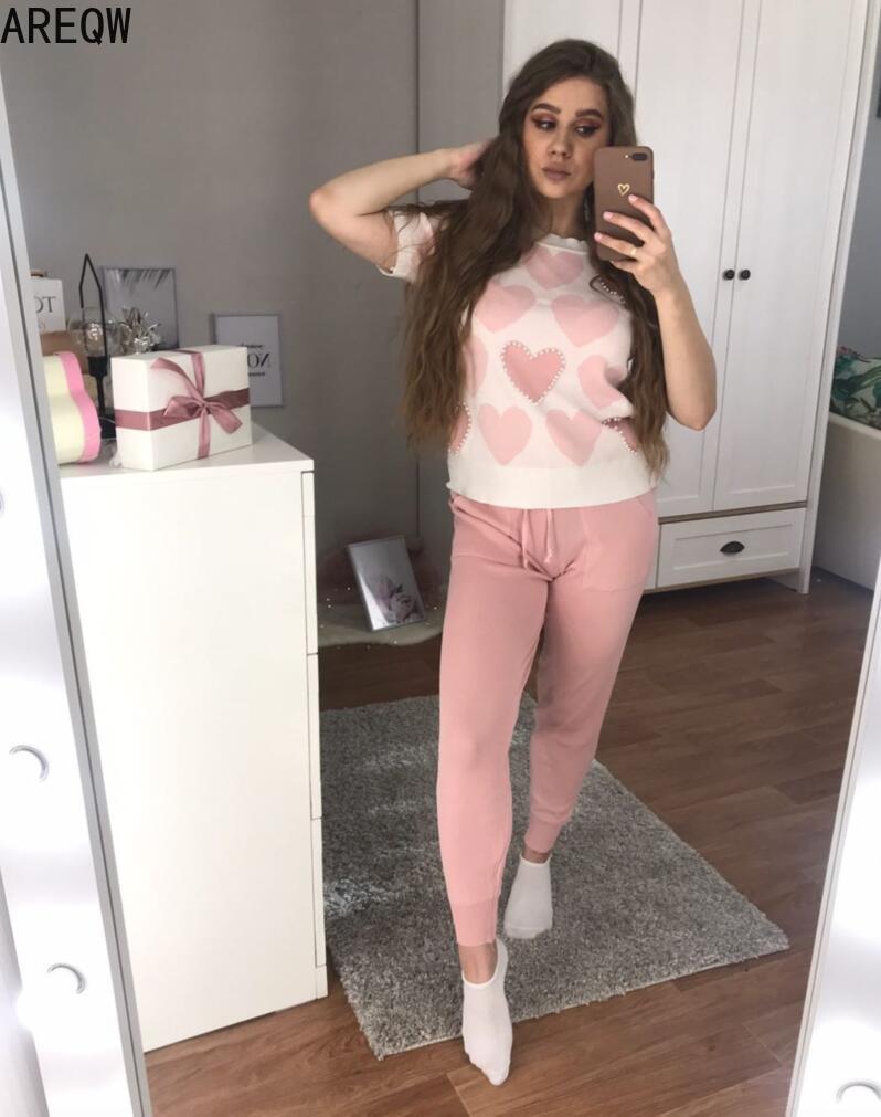 Women 2 Piece Sets Spring Summer Clothes Womens Knit Outfits Love Heart Short Sleeve T-shirt Pants 210302