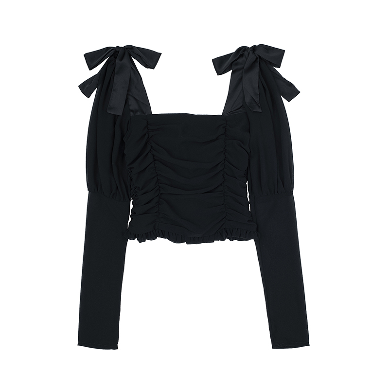 Elegant Square Collar Women Autumn Shirts Solid Color Puff Sleeve Slim Blouses Crop Tops Ladies Sexy V-neck Long Sleeve Shirt 210225