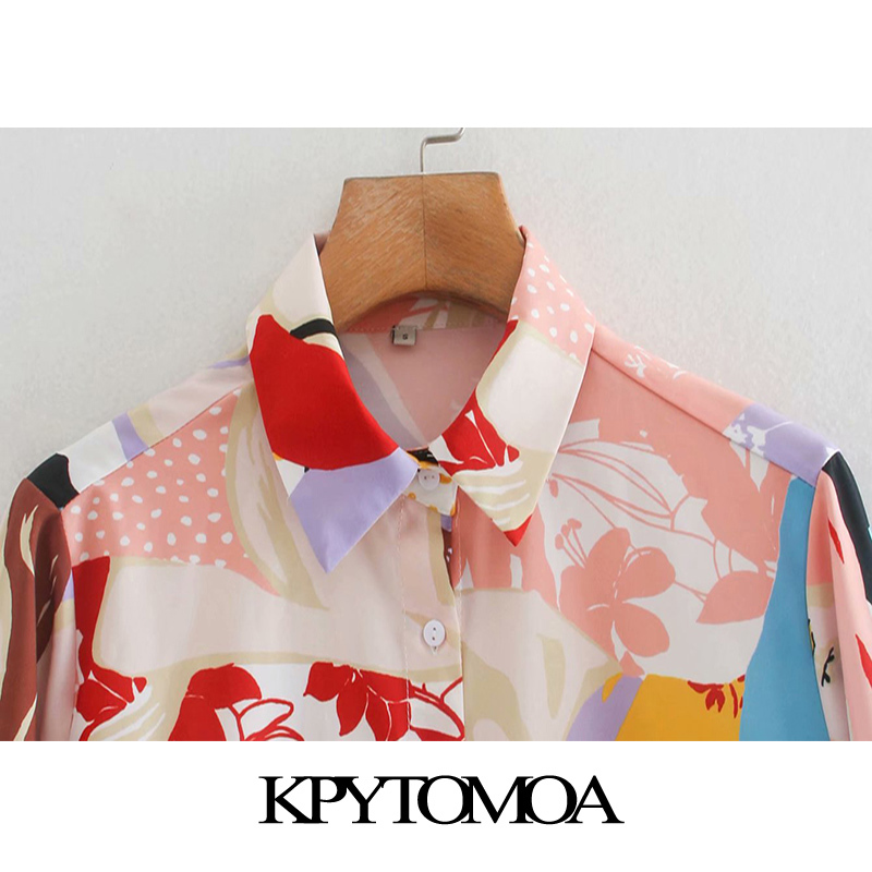 KPYTOMOA Women Fashion Character Print Loose Blouses Vintage Long Sleeve Button-up Female Shirts Chic Tops 210225