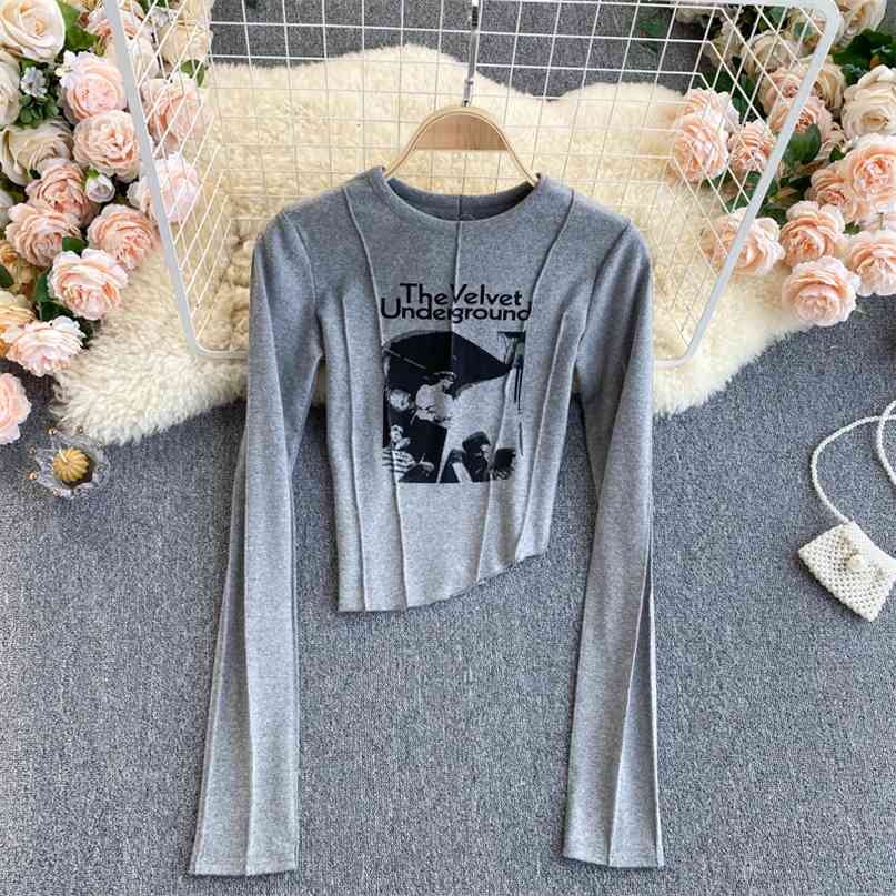 Lady Basic Long Sleeve T-shirt Women's Spring Round Neck Print Irregular Short To Ins Casual Clothes Q750 210527