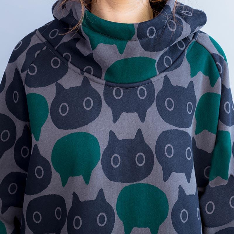 Plus Size Cat Print Hoodies Autumn Winter Kawaii Cartoon Women Vintage Long Hooded Sweatshirt Velvet Thick Hoodie Dress 201113