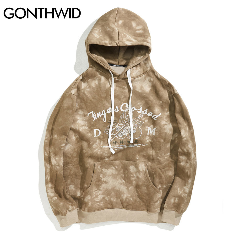 GONTHWID Chinese Characters Persimmon Print Fleece Tie Dye Hooded Sweatshirts Pullover Hoodies Streetwear Mens Hip Hop Tops 201113