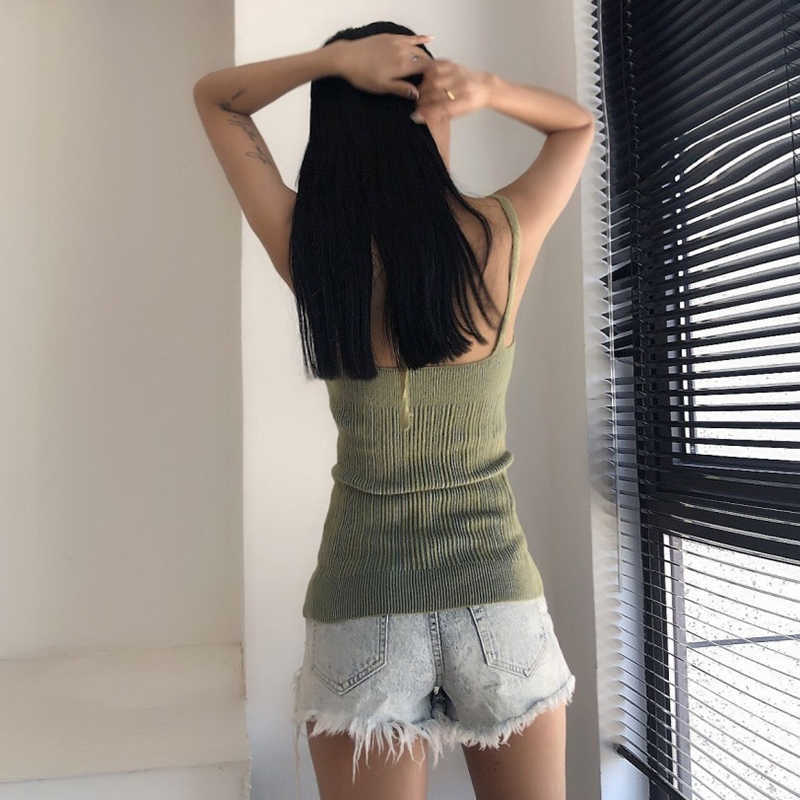 VGH Korean Vest For Women Halter Sleeveless High Waist Striped Backless Sling Slim Sexy Vests Female Summer Fashion 210625