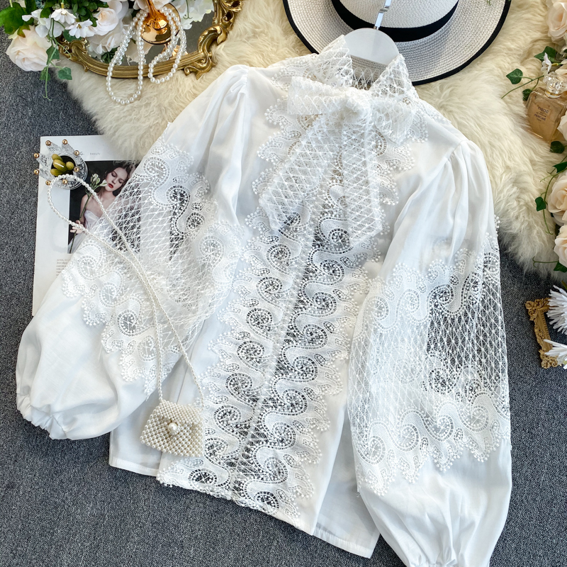 Embroidery Mesh Patchwork Lace Women's Shirts Blouse Bow Scarf Collar Lantern Long Sleeve Spring Female Clothing Fashion 210225