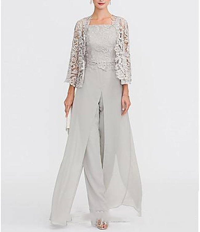 2021 Elegant Chiffon Mother Of The Bride Pants Suit With Short Lace Jacket Cheap Wedding Guest Dresses Women Beach Country Formal Party Wear
