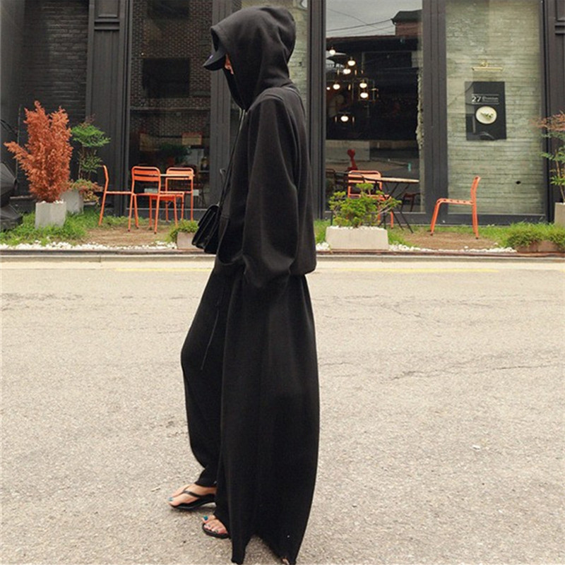 Black Hooded Sweatshirt Loose Casual Girls Fashion Oversized Long Sleeved Bottoming Shirt Mid Length Slimming Pullover Hoodies 201217