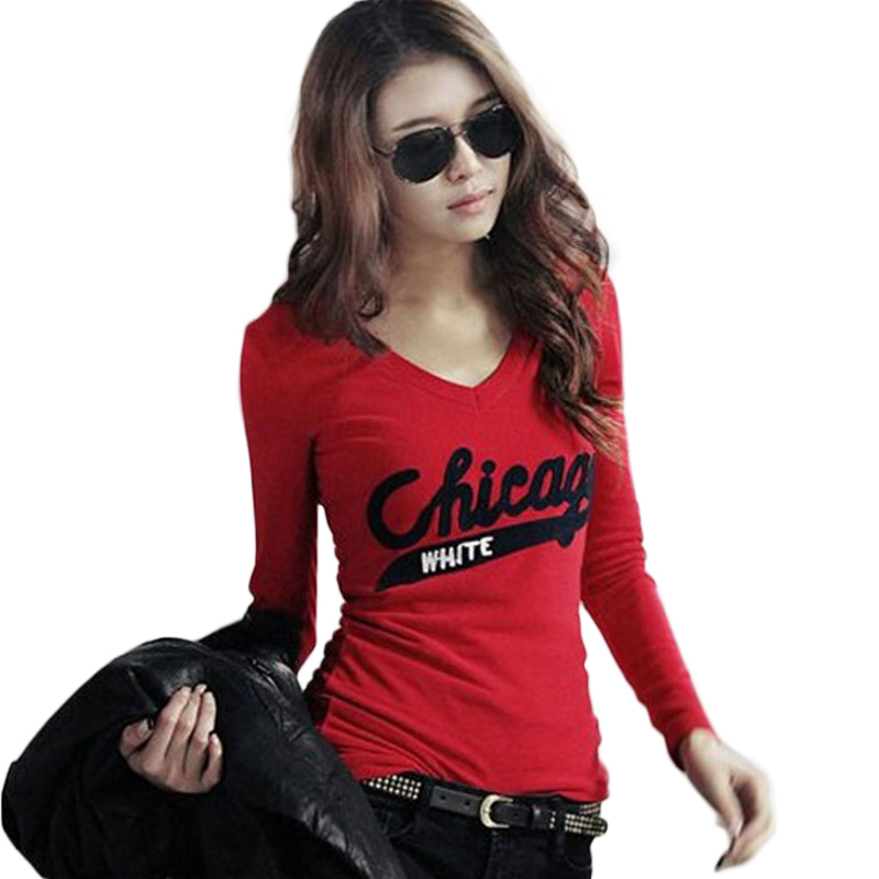 Red Women's t-shirts Korean Fashion Style Clothes Women 2021 Long Sleeve Slim V Neck T shirt for Women Casual Tops Female Tshirt 210302
