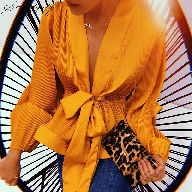 Chiffon Pleated Ruffle Female V Neck Blouse Shirt for Women Feminina Lantern Sleeve Elegant Chemisier Top Blusa Chemise Femme 210225