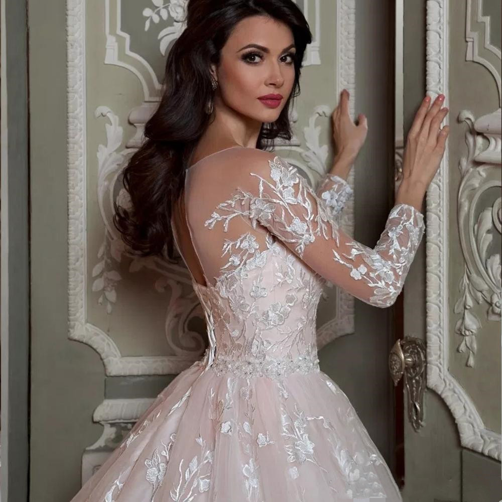 Luxury Lace Appliqued Light Pink Ball Gown Wedding Dresses Bridal Gowns 3D Flowers Beaded Long Sleeve Sexy Marriage Formal Bride Dress Vestidos De Nov