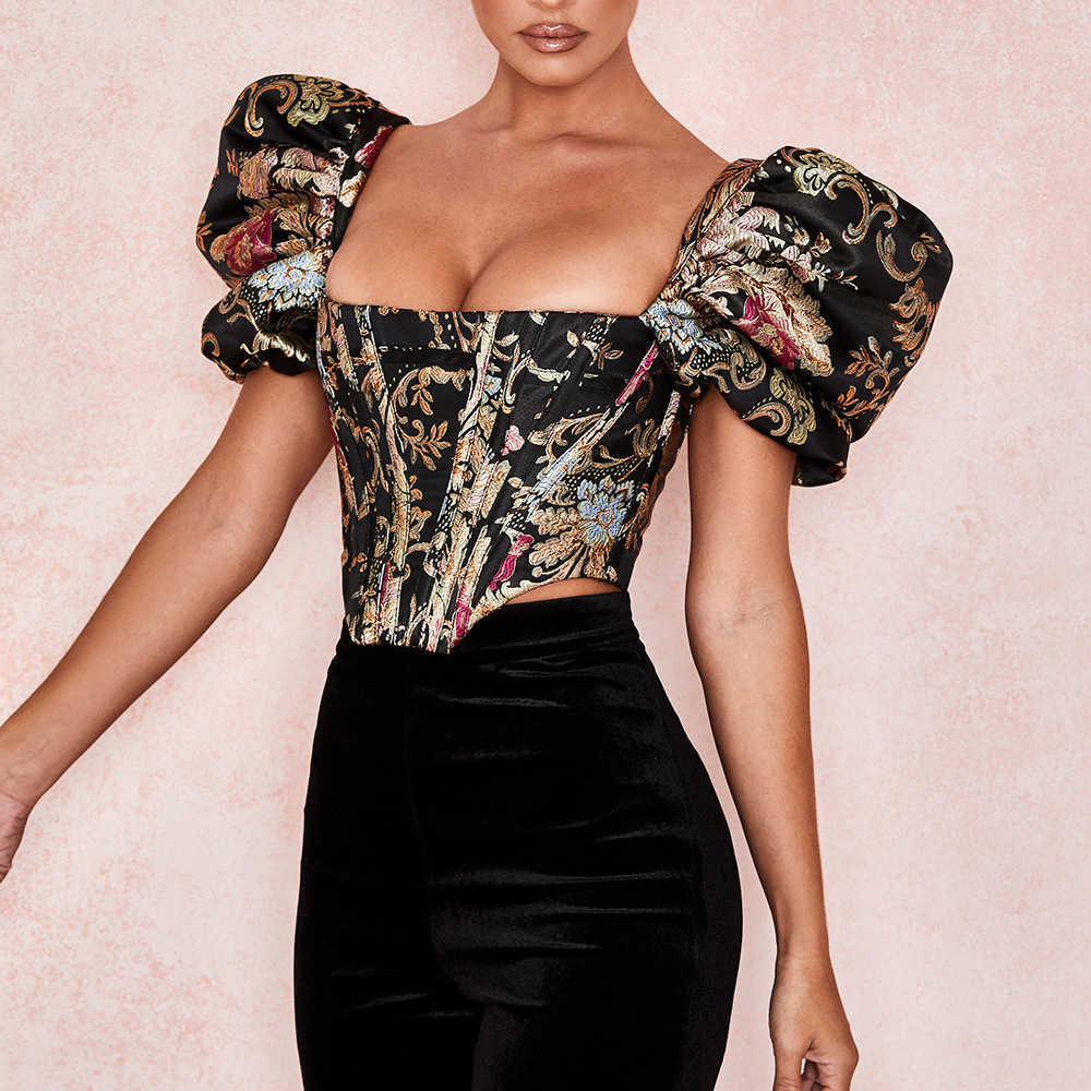 Cryptographic Square Collar Jacquard Boned Bustier Crop Tops Shirt Puff Sleeve Sexy Backless Shirts Blouse Women Zipper Elegant 200924