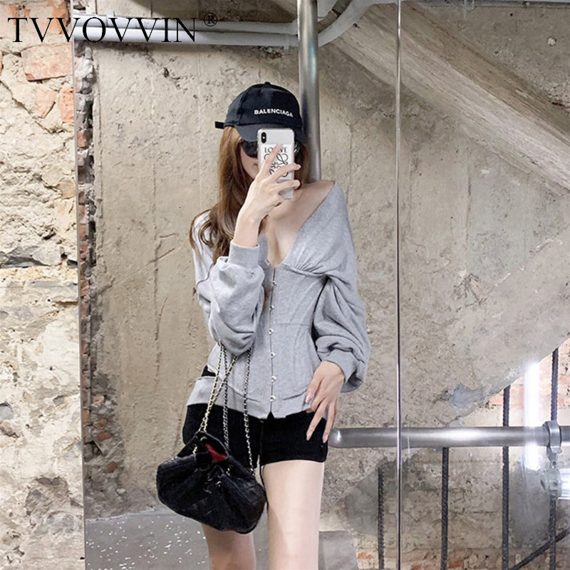 TVVOVVIN Fashion Early Autumn Mature Style Thin Hat Long Sleeve Bandage Waist Gray Slim Fit Sweatshirt Woman L027 201102