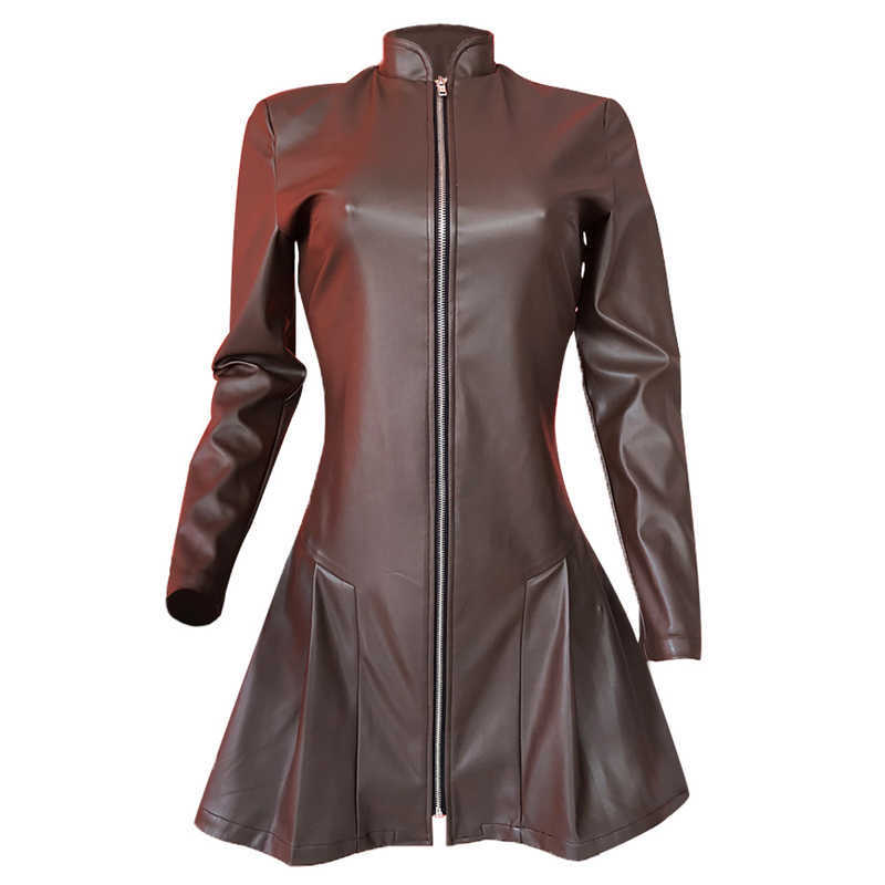 Colysmo Leather Pleated Dress Zipper Long Sleeve Stand Collar Slim Fit Mini Dresses Black Robe Women Sexy Fall Clothes 210527