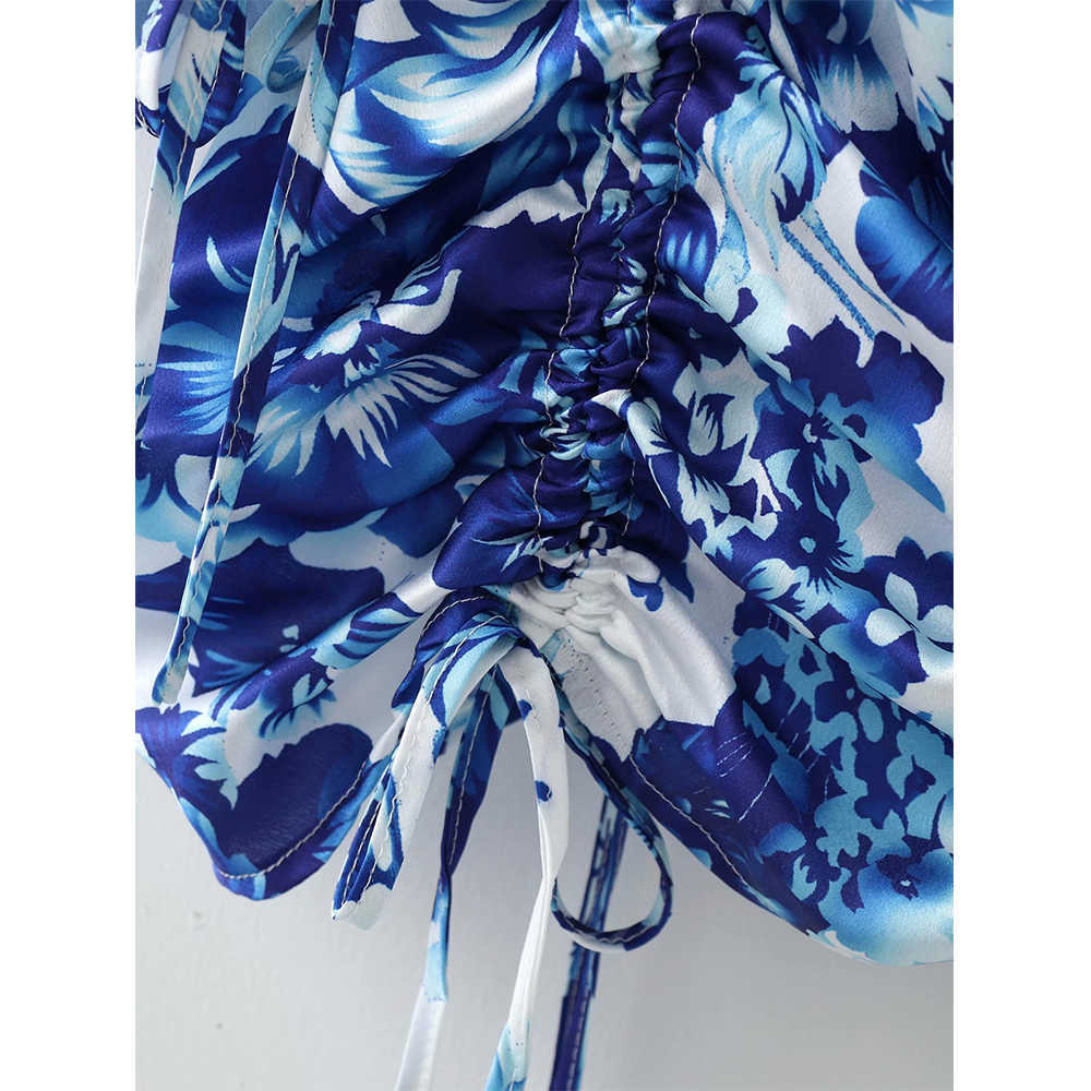 Summer Floral Draped Dress Women Vintage Casual Fashion Chic Lady Short Dress Women 210709