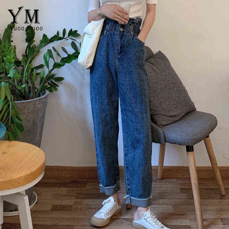 YuooMuoo High Quality Soft Vintage Boyfriend Jeans for Women Elastic High Waist Mom Black Jeans Harajuku Long Denim Pants 211112