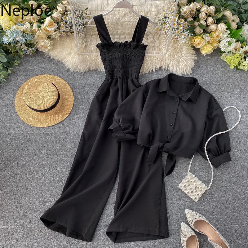 Women's Tracksuits Neploe Summer Holiday 2 Pcs Women Set Sexy Slim Waist Pleat Design Wide Leg Jumpsuit + Turn Down Collar Short Sleeve Shir