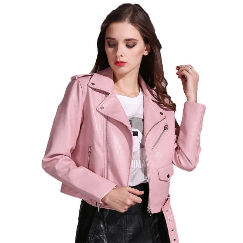 Ly Varey Lin Faux Soft Leather Jacket Coat Women Turn-down Collar Pu Motorcycle Lady Short Zipper Pink Black Punk Coats 210526