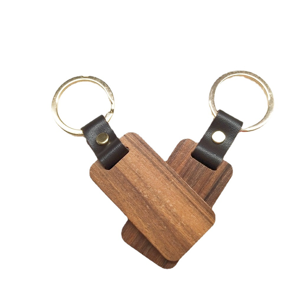 DIY Wooden Designer Keychains For Men Women Crafts Square Round Wood Chips PU Leather Keychain Wholesale