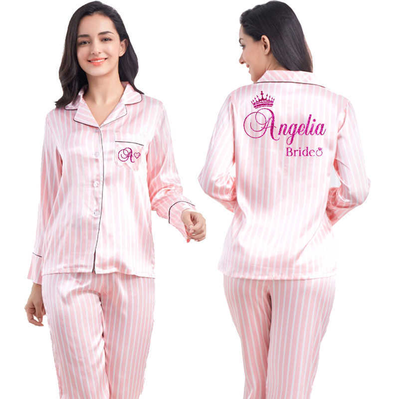 2 Piece Personalized Name Women Sleepwear Faux Silk Satin Pajamas Set Long Sleeve Sleepwear Pajamas Suit Female Homewear 210924