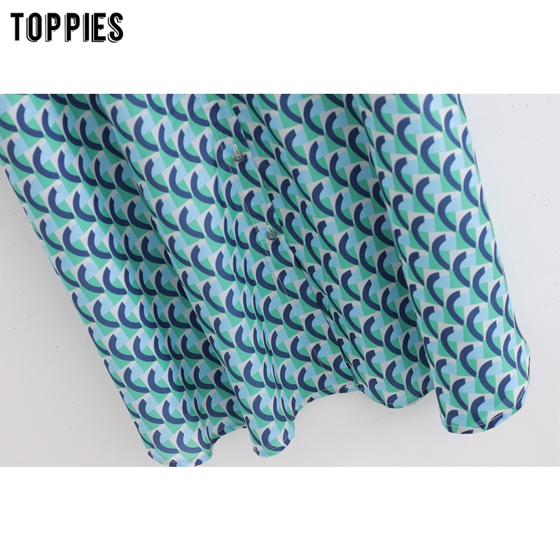 Geometric Print Shirt Women Summer Midi Dress Long Sleeve Single Breasted T200603 B4