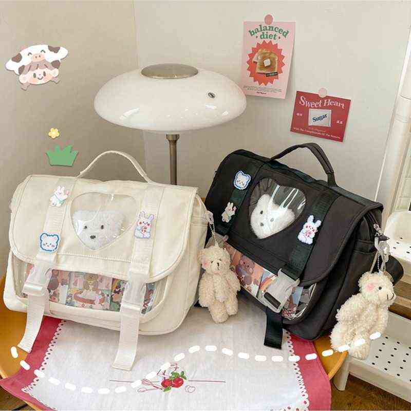 Women Kawaii Backpack for School with Clear Pocket Japanese Harajuku Girls Shoulder Bag Cute Kawaii Heart Ita Bag Anime Y1105