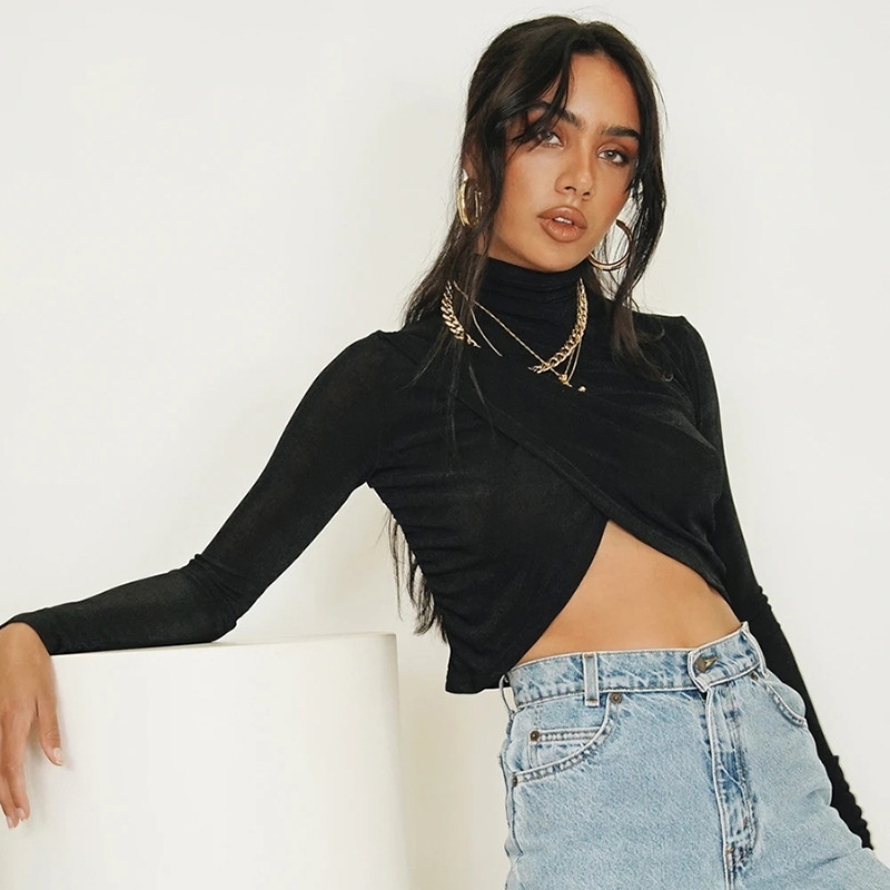 European and American style women's wear in spring and autumn round neck long sleeve fashion open navel slim T-shirt 210602