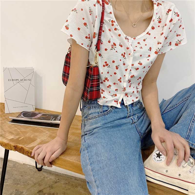 Summer Short Sleeve Shirts Women Printed Floral Cropped Tops Female Plus Size Single-Breasted Flower Street Wear Blusa 210601