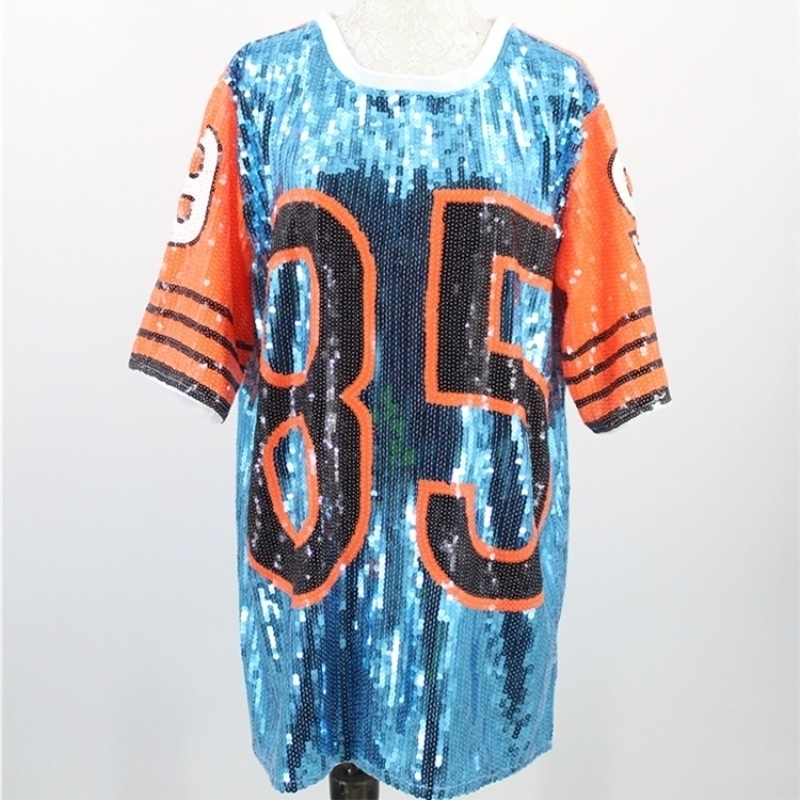 Women Performance Costumes Cheerleaders Loose Oversized Causal 85 Letter Shift Sequin T Shirt Mini Dress HipHop Long Tee T200117