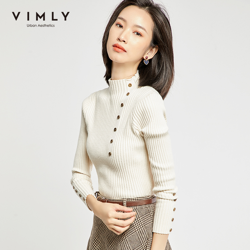 Vimly Spring Autumn Women Knitted Pullovers Tops Fashion Solid Stand Collar Buttons Slim OL Elegant Female Sweater 99157 201017