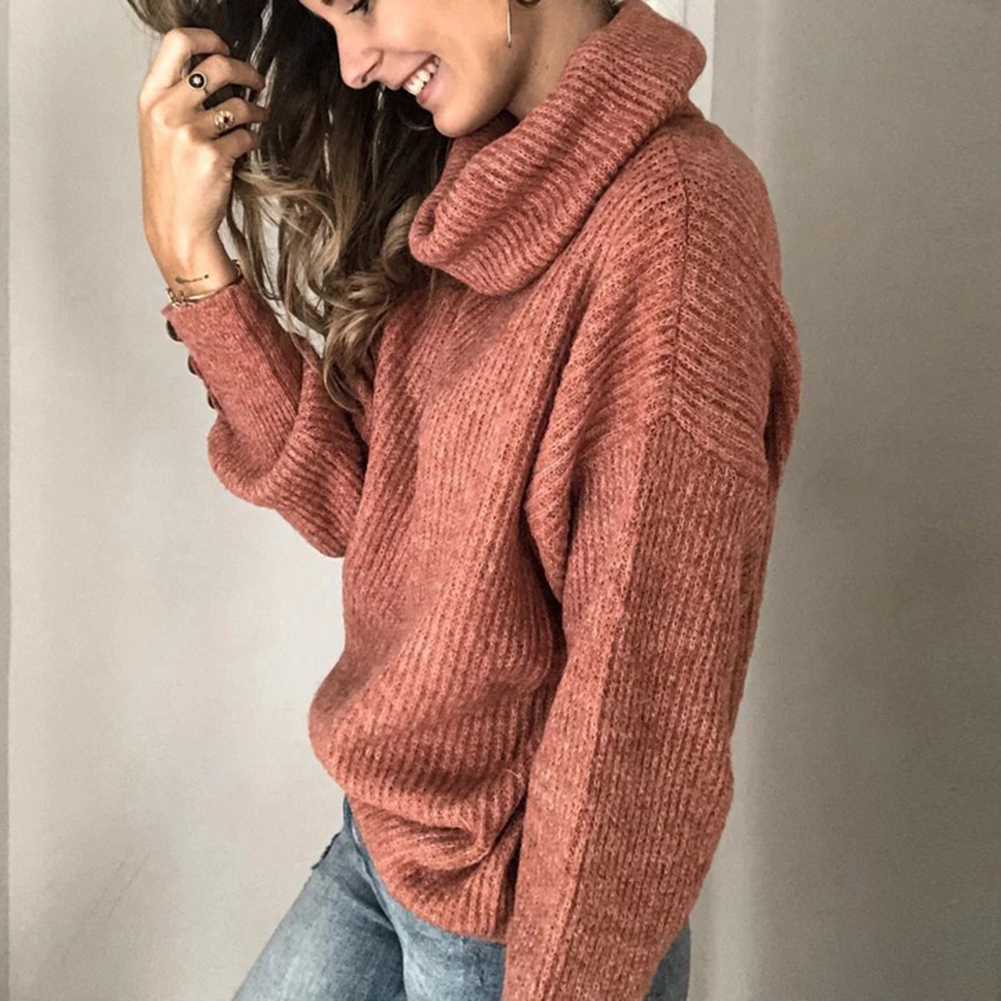 DANALA Women's Fashion Winter Knit Sweater Loose Fit Solid Color Cowl Neck Pullover Knitwear High Collar Warm Sweater For Women T200113