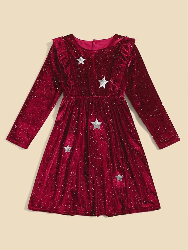 Girls 1pc Sequin Insert Star Pattern Ruffle Trim Velvet Dress SHE