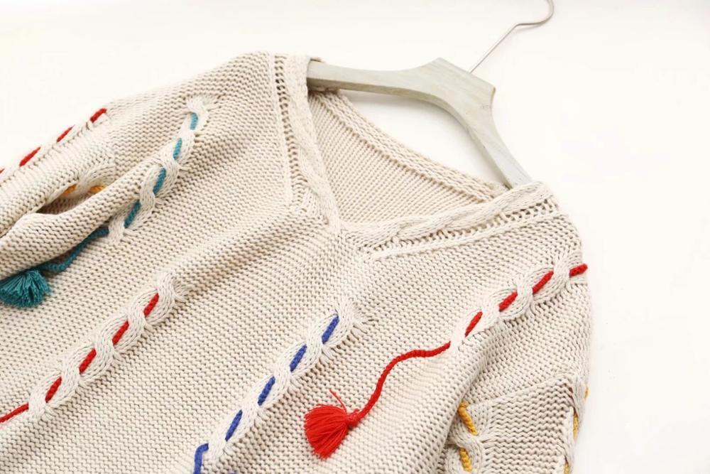 Autumn Winter Women's sweaters Europe Loose Tassel Pullover Sweater Deep V Neck Sweater Women 201102