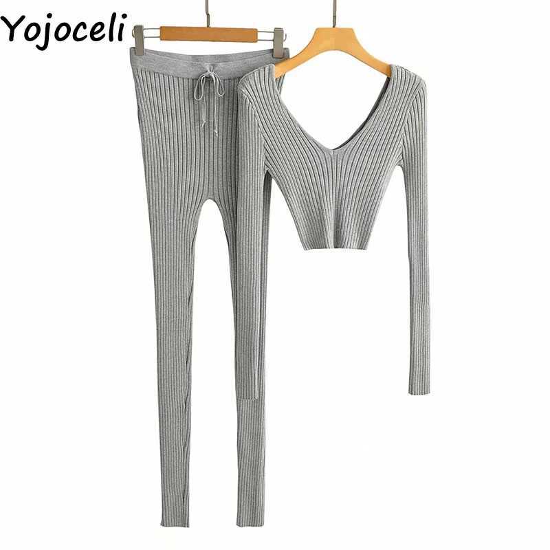 Yojoceli Elegant 2 pieces set knitted jumper romper Casual knitting warm Autumn winter cool overalls 210609