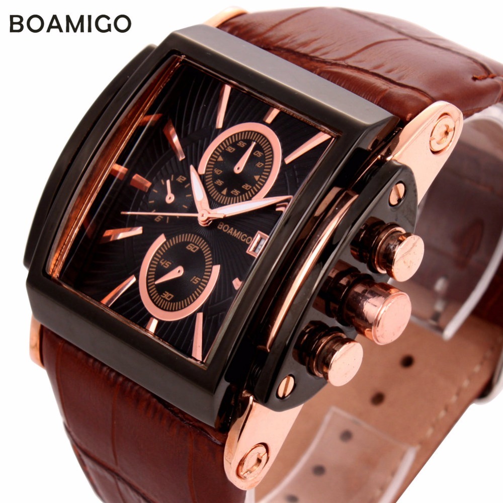 BOAMIGO men quartz watches large dial fashion casual sports watches rose gold sub dials clock brown leather male wrist watches 210310